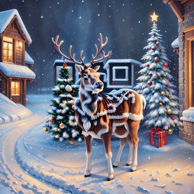 Christmas Reindeer Snowy Village Painterly QR Code for Greeting Cards