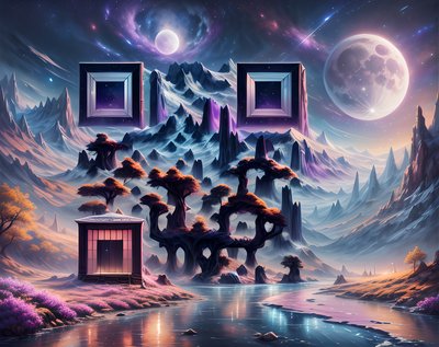 Лунный пейзаж с инопланетными горами: цифровая живопись, QR-код