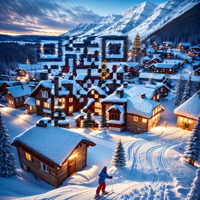 Snowy Alpine Village Skier Photorealistic QR Code for Greeting Cards