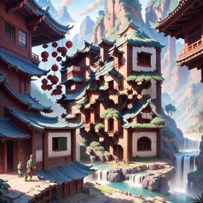 Китайская деревня на скале, цифровая живопись: QR-код — изображение 1
