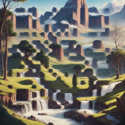Misty Mountain Waterfall Valley Painting QR Code Art