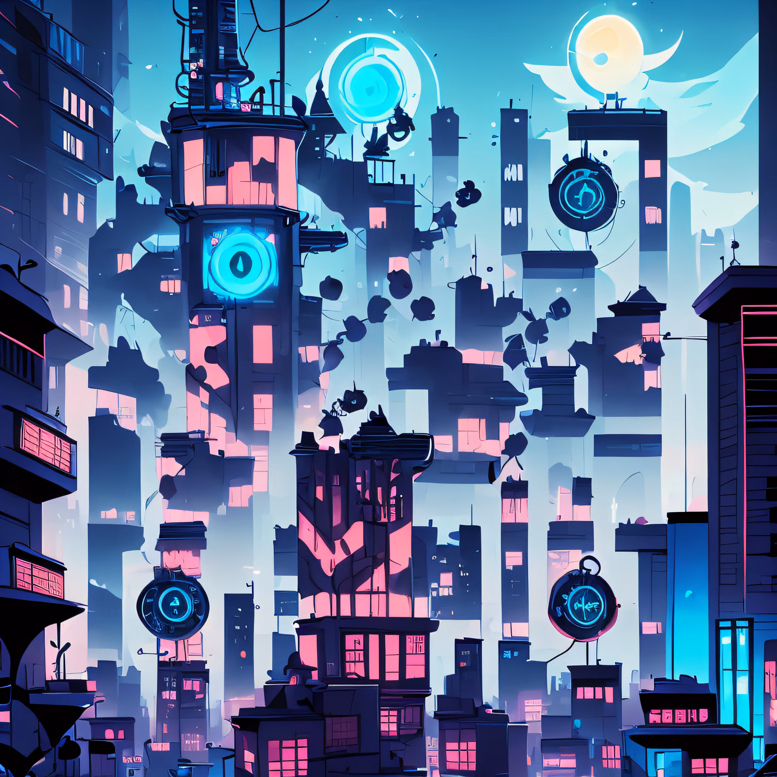 Neon Clock Tower City Concept QR Code for Posters — image 1
