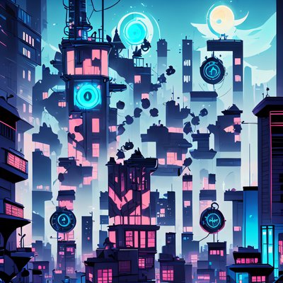 Неоновый город с часовой башней, концепт: QR-код для постеров