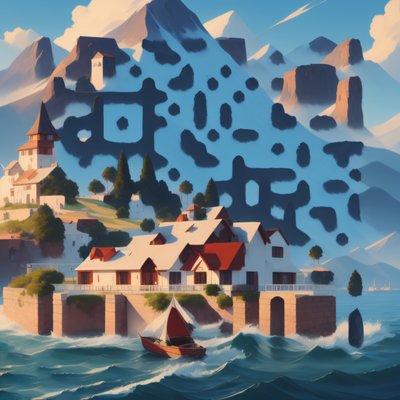Seaside House Mountain Painting QR Code Art