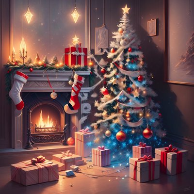 Christmas Tree Fireplace Illustration QR Code for Greeting Cards