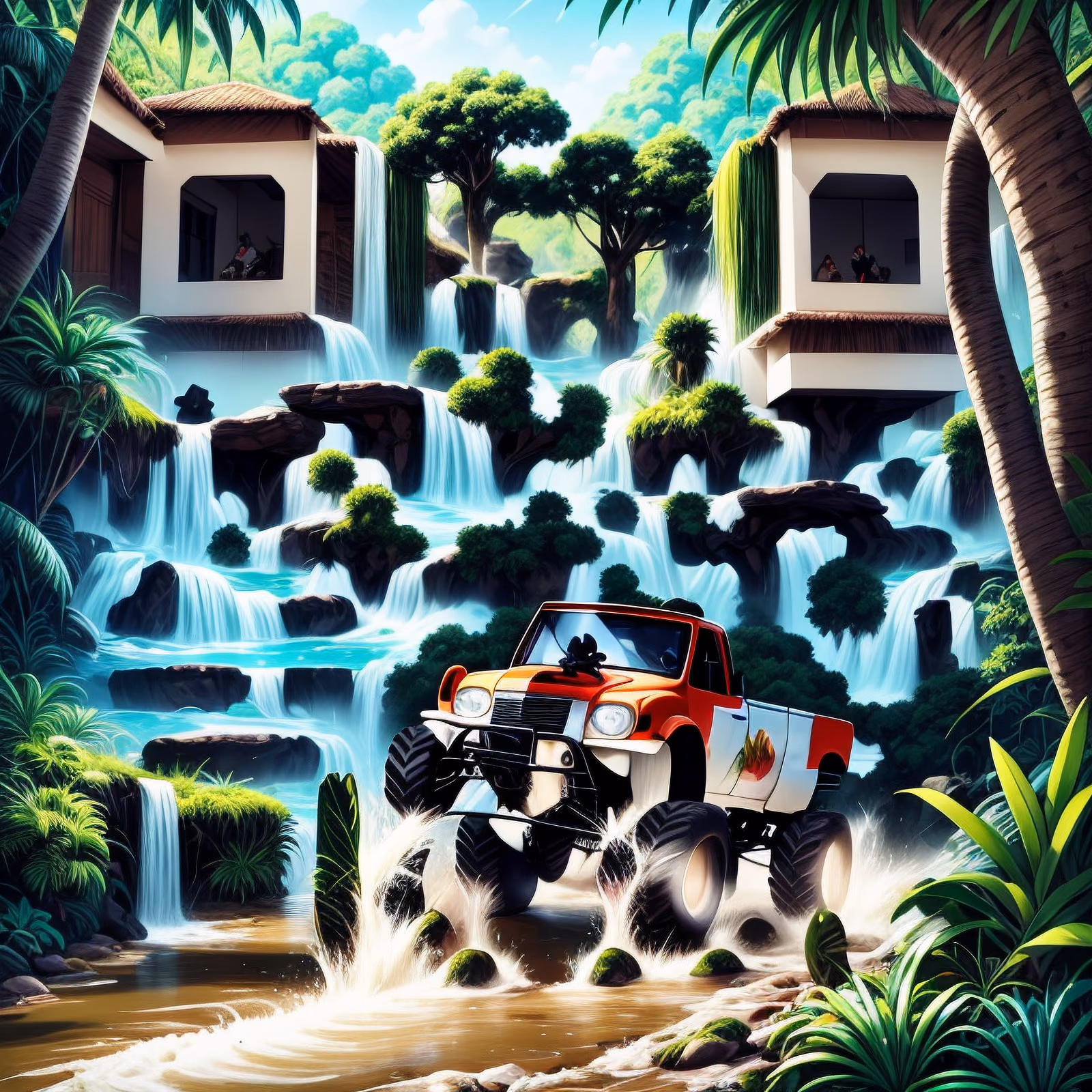 Jungle Monster Truck Waterfall Painting QR Code for Posters — image 1