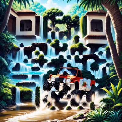 Jungle Monster Truck Waterfall Painting QR Code for Posters — image 1