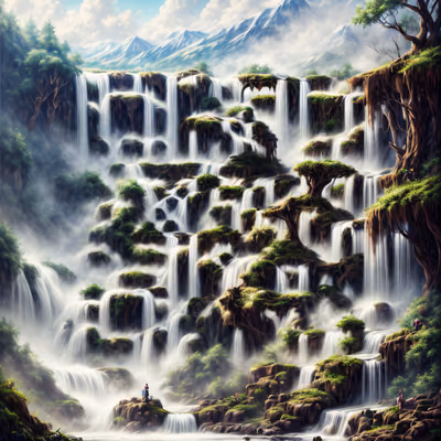 雾中森林瀑布 数字绘景二维码艺术 — 图片 1