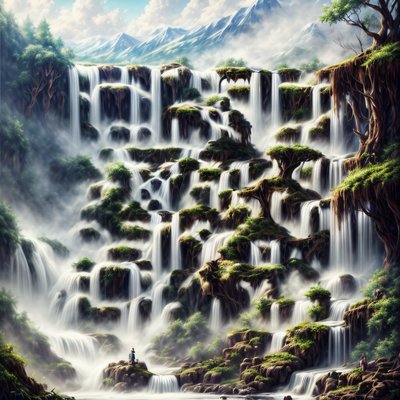 Misty Forest Waterfall Matte Painting QR Code Art