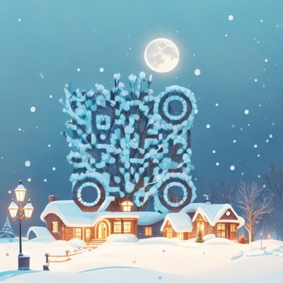雪村月夜冬景二维码艺术,适用于贺卡