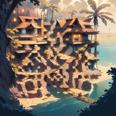 Tropical Cliff Village Comic Style QR Code for Posters