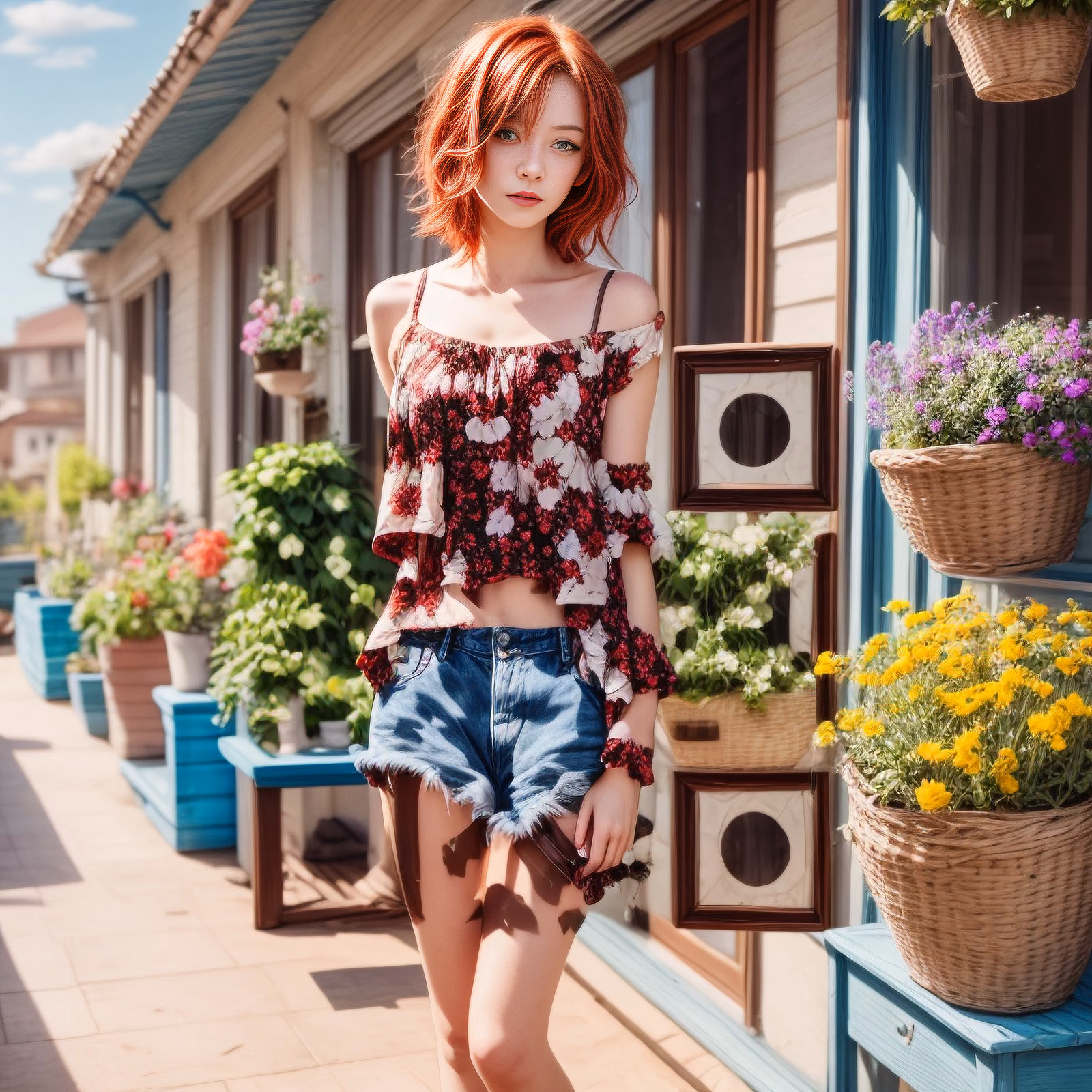 Red Haired Woman Floral Terrace QR Code for Posters — image 1