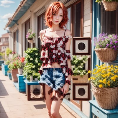 Red Haired Woman Floral Terrace QR Code for Posters
