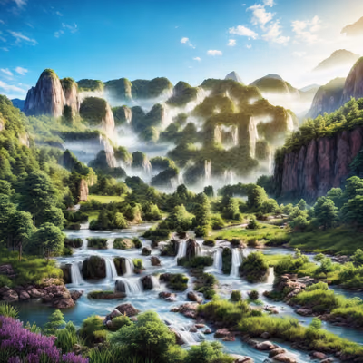 Misty Mountain River Valley Landscape QR Code Art — image 1