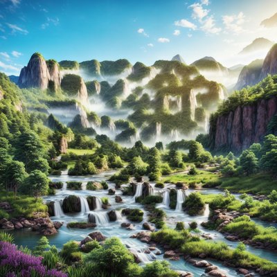 Misty Mountain River Valley Landscape QR Code Art