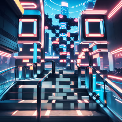 Neon Futuristic Staircase Retrofuturism QR Code for Posters — image 1