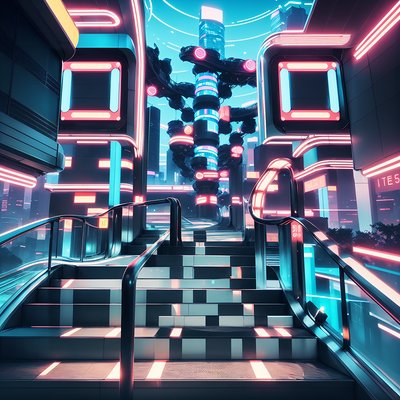 Neon Futuristic Staircase Retrofuturism QR Code for Posters