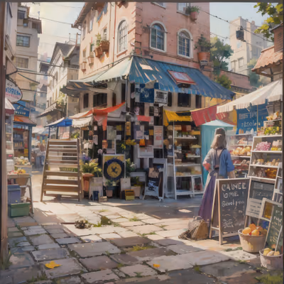 Sunlit Market Street Painting QR Code Art — image 1