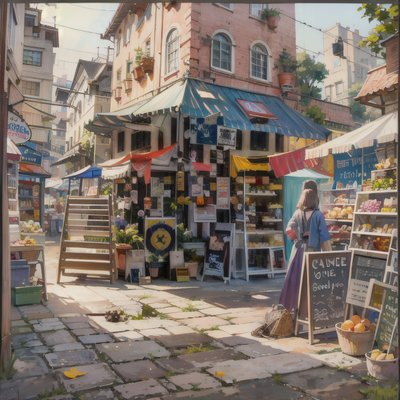 Sunlit Market Street Painting QR Code Art
