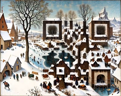 雪景村庄油画二维码艺术 — 图片 1