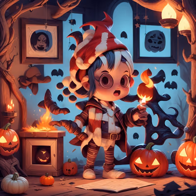 Halloween Kid with Pumpkins Cartoon QR Code for Posters — image 1