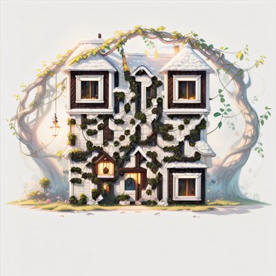 Заросший коттедж в стиле игрового арта: QR-код для постеров