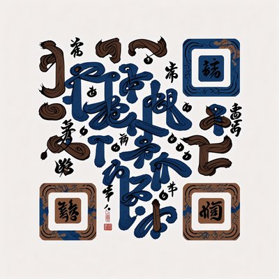Blue Ink Brush Calligraphy Emblem QR Code Art