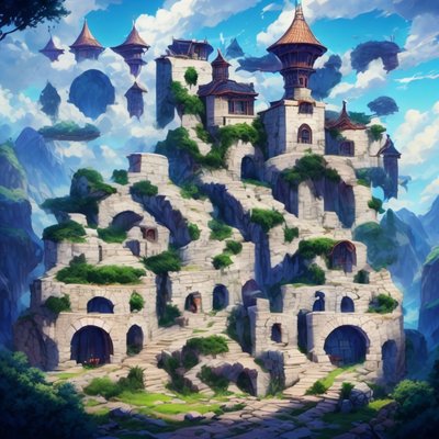 浮空岛石头城堡奇幻二维码设计,适用于海报