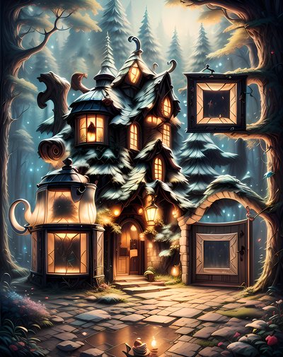 Teapot Cottage Forest Fantasy QR Code Art