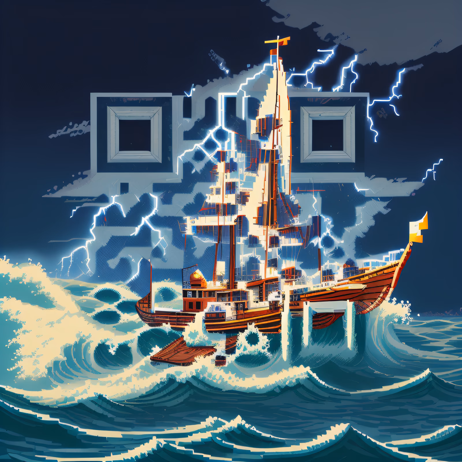 Пиксельный корабль в шторм: QR-код для постеров — изображение 1