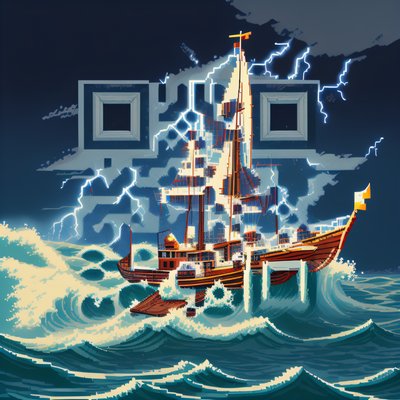 Pixel Art Ship in Storm QR Code for Posters