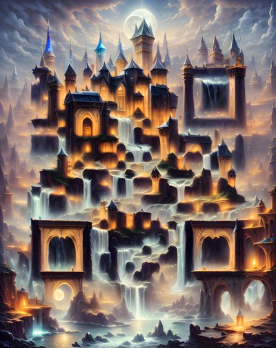 Moonlit Waterfall Castle Matte Painting QR Code Art