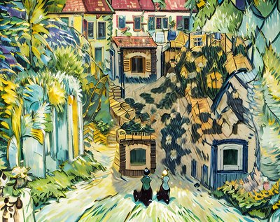 Village Street Steps Oil Painting QR Code Art