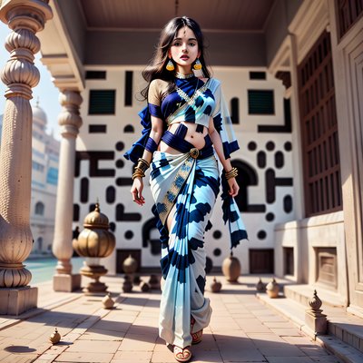 Blue Saree Woman Courtyard QR Code for Posters