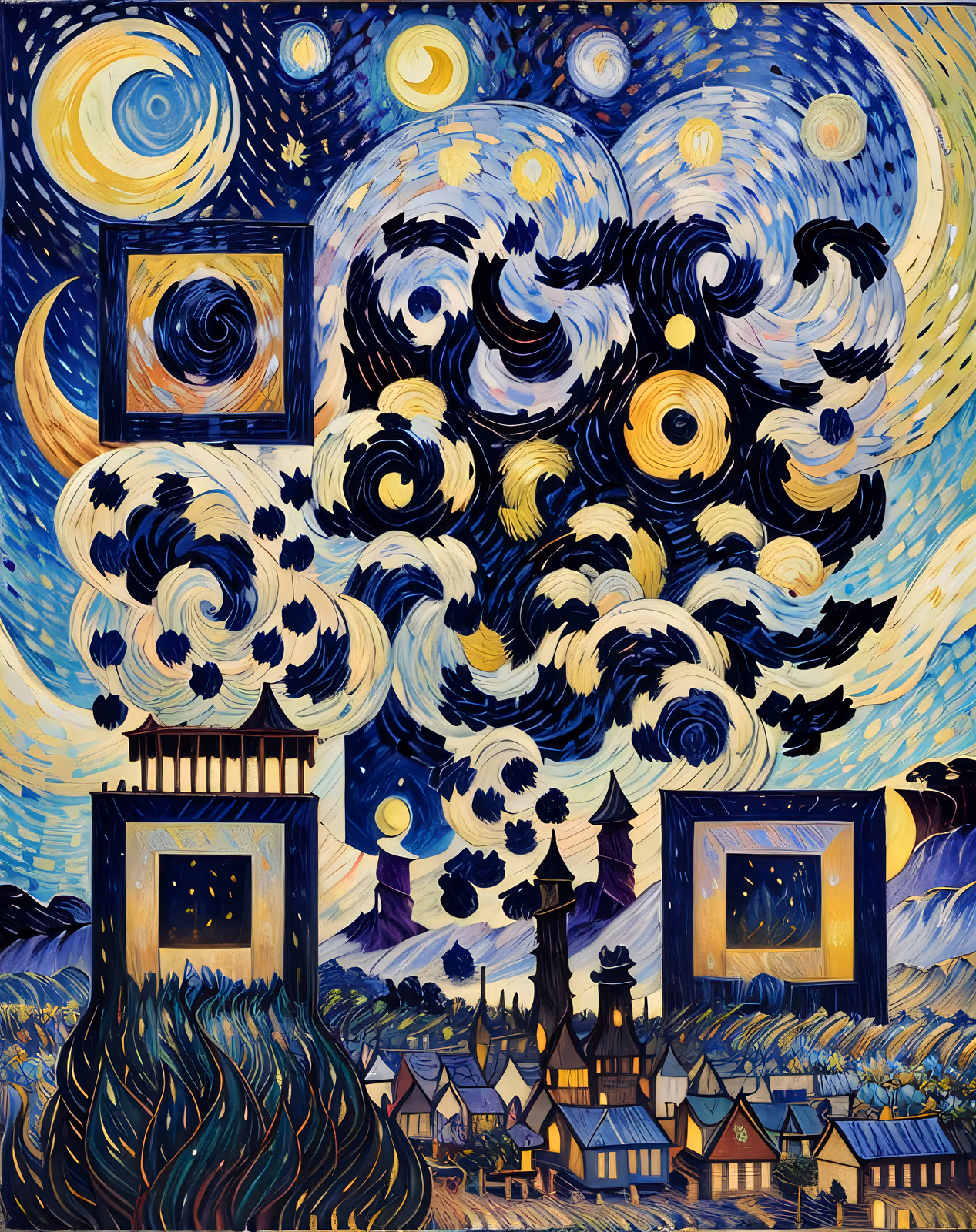 Starry Night Village Oil Painting Stars QR Code Art — image 1