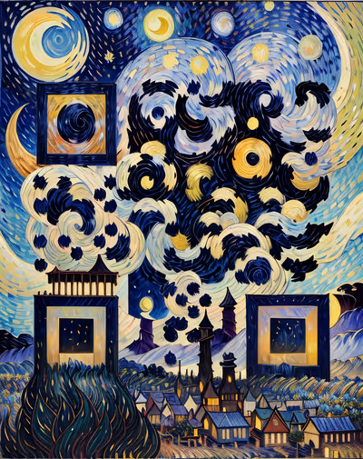 Starry Night Village Oil Painting Stars QR Code Art — image 1