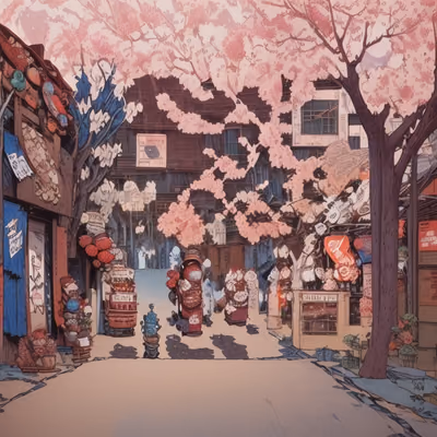 Cherry Blossom Street Comic Style QR Code for Posters — image 1
