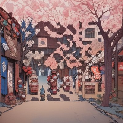 Cherry Blossom Street Comic Style QR Code for Posters