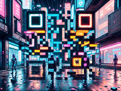 Neon Cyberpunk City Game Art QR Code for Posters — image 1