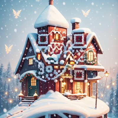 Snowy Christmas Cottage Digital Painting QR Code for Greeting Cards