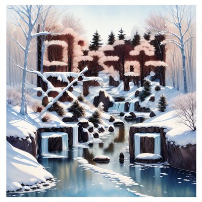 Заснеженная река в акварели: QR-код для открыток