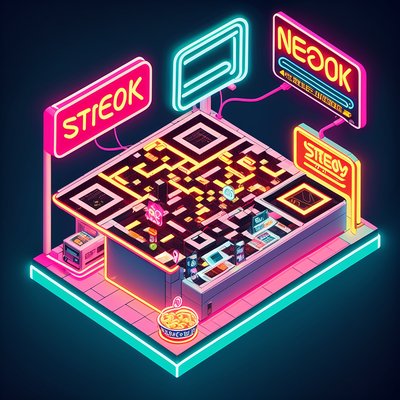 Isometric Cyberpunk Noodle Stand QR Code for Restaurant Menus