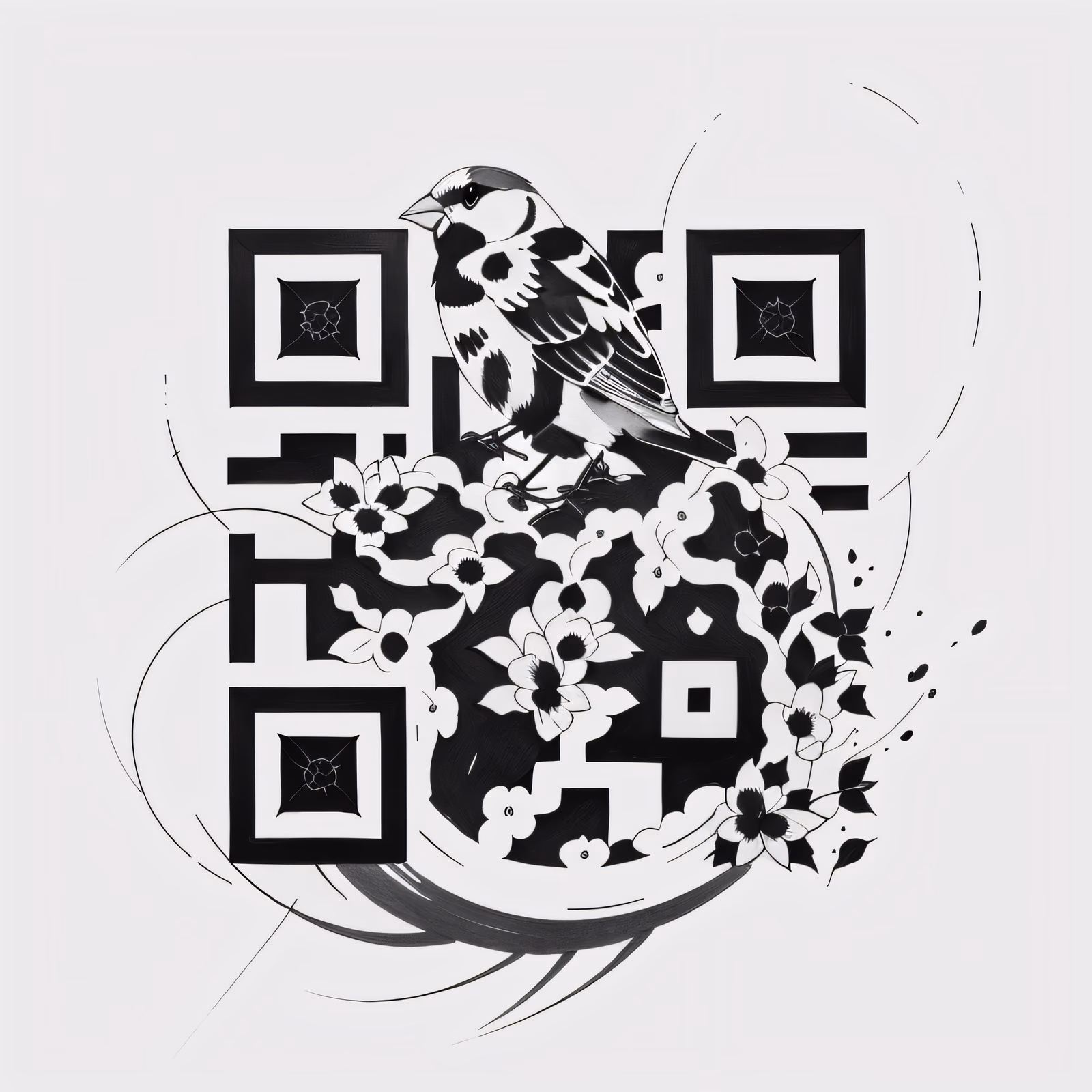 Воробей на гнезде с цветами: тату QR-код для временных татуировок — изображение 1