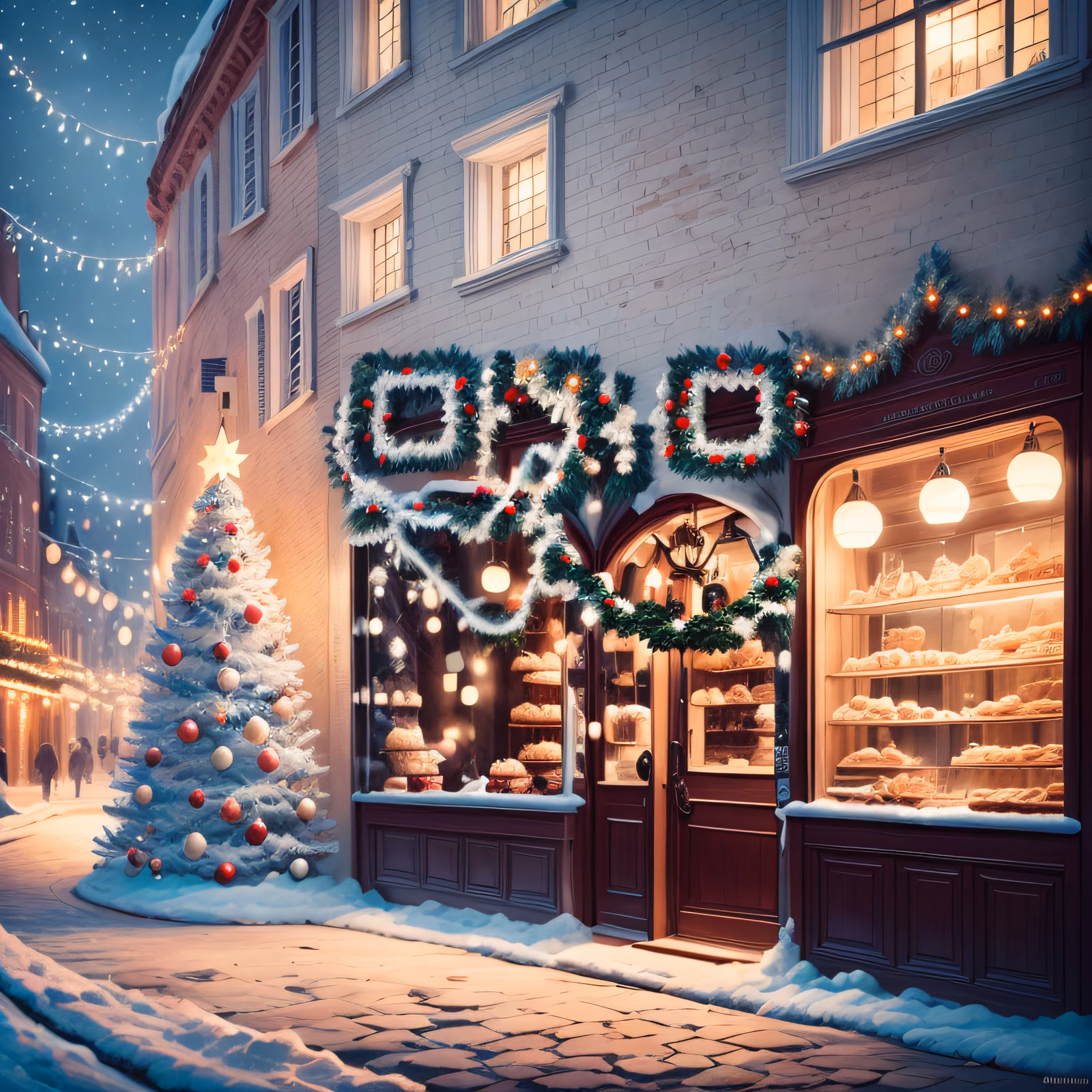 雪夜圣诞面包店门面二维码艺术,适用于橱窗展示 — 图片 1