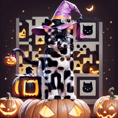 Кот в шляпе ведьмы на тыкве: QR-код для плакатов — изображение 1