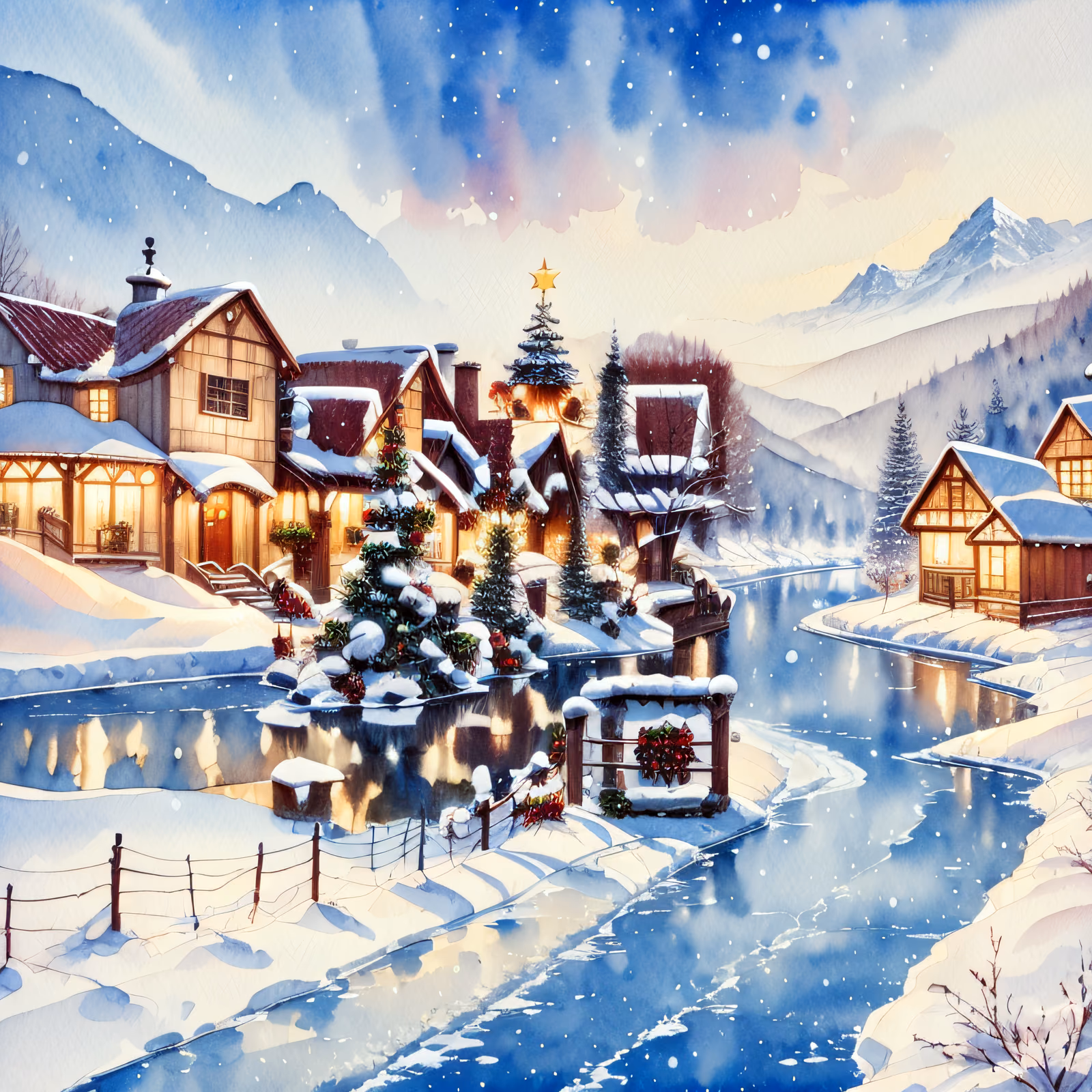 Snowy Christmas Village Watercolor River QR Code for Greeting Cards — image 1