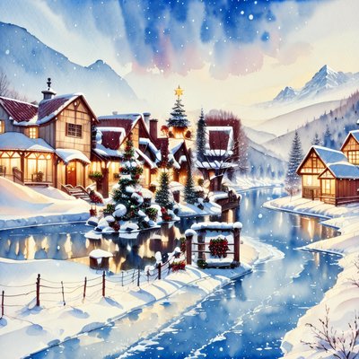 Snowy Christmas Village Watercolor River QR Code for Greeting Cards
