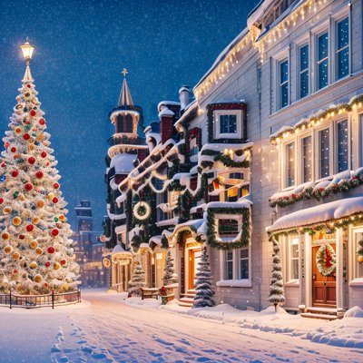 Snowy Christmas Street Digital Painting Photorealism QR Code for Greeting Cards