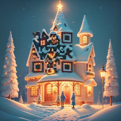 Snowy Christmas House 3D Render QR Code for Greeting Cards
