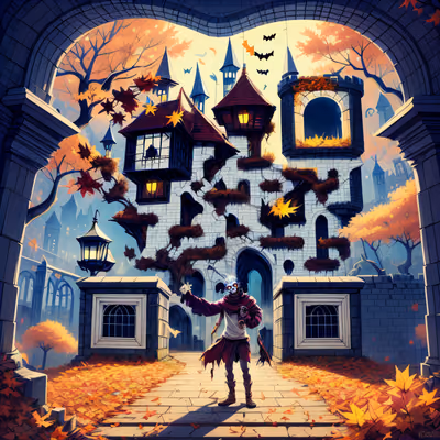 Zombie at Autumn Castle Cartoon QR Code for Posters — image 1